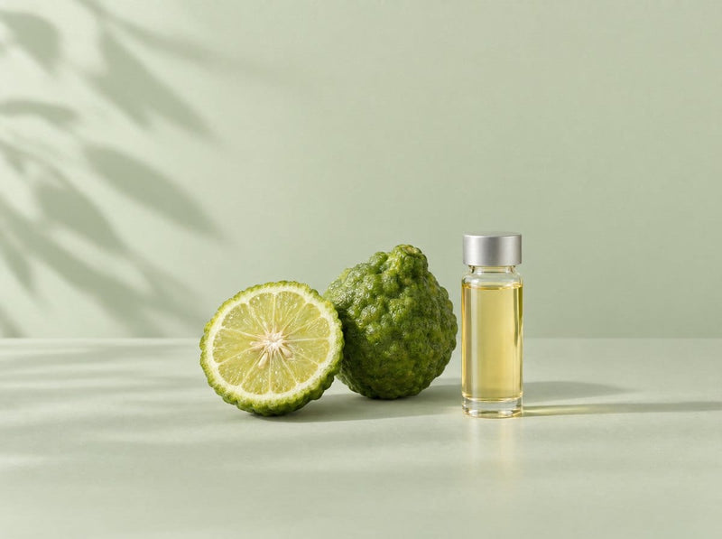 Bergamot fruit beside a vial of bergamot extract