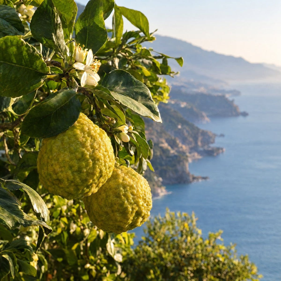 Bergamot fruit on the tree above the coast of Calabria, Italy
