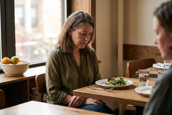Illustrative restaurant scene with a thoughtful diner and salad