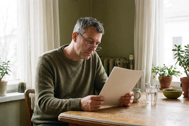 Illustrative scene of a man reviewing a document