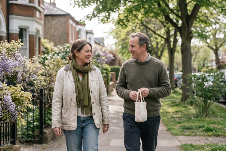Middle-aged adults walking together in a neighborhood