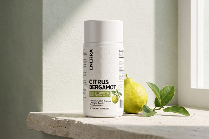 Enerra Citrus Bergamot bottle beside bergamot fruit