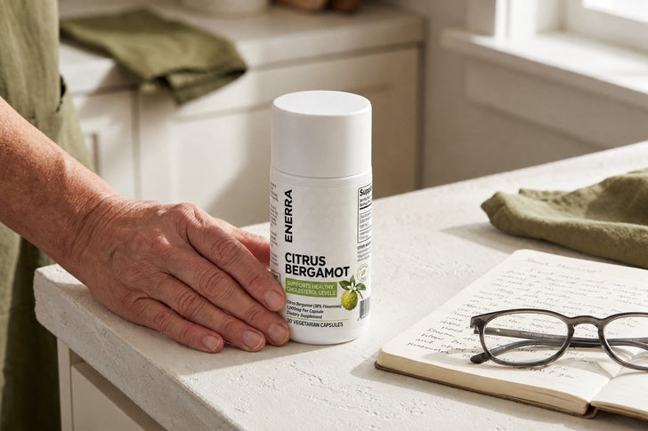 Enerra Citrus Bergamot bottle on a kitchen counter