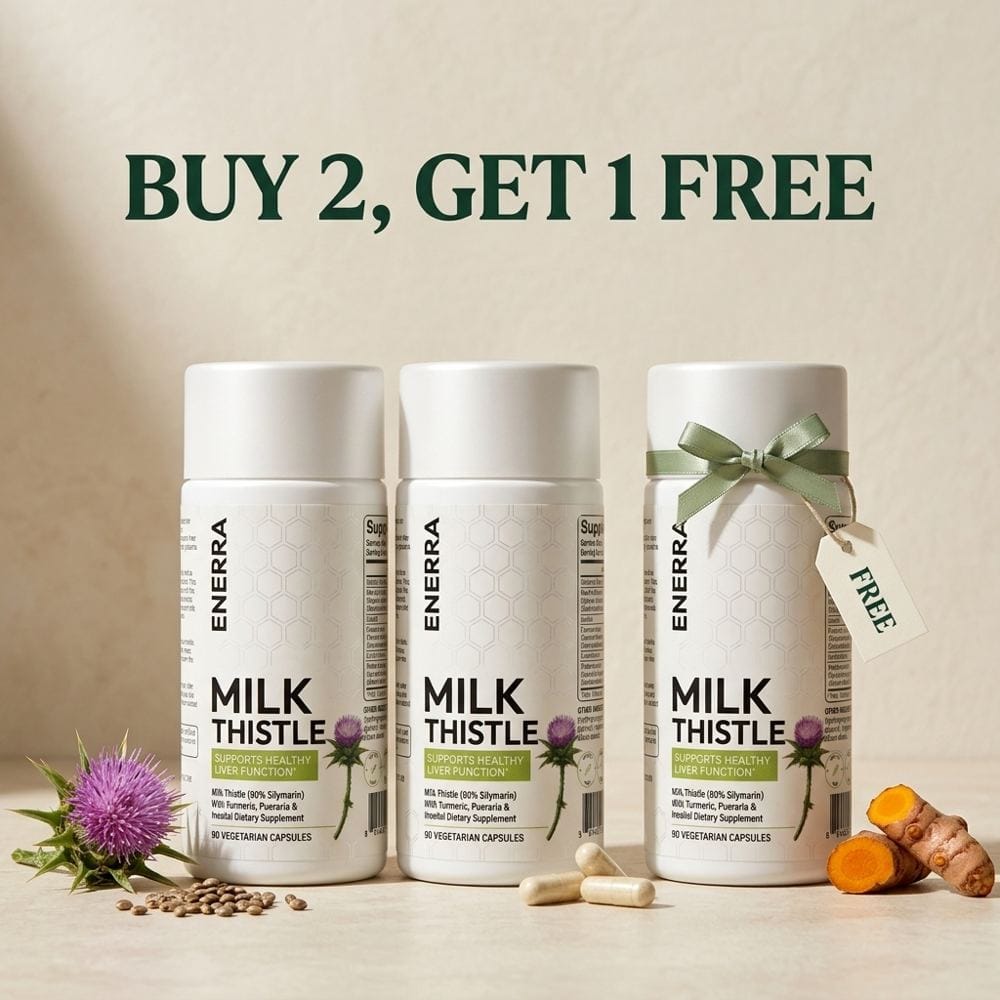 Three Enerra Milk Thistle bottles under the headline Buy 2, Get 1 Free, with a ribbon and FREE tag on the third bottle.
