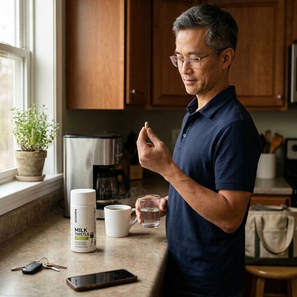 A man in his kitchen holding one Enerra capsule and a glass of water, with the bottle on the counter beside the coffee maker.