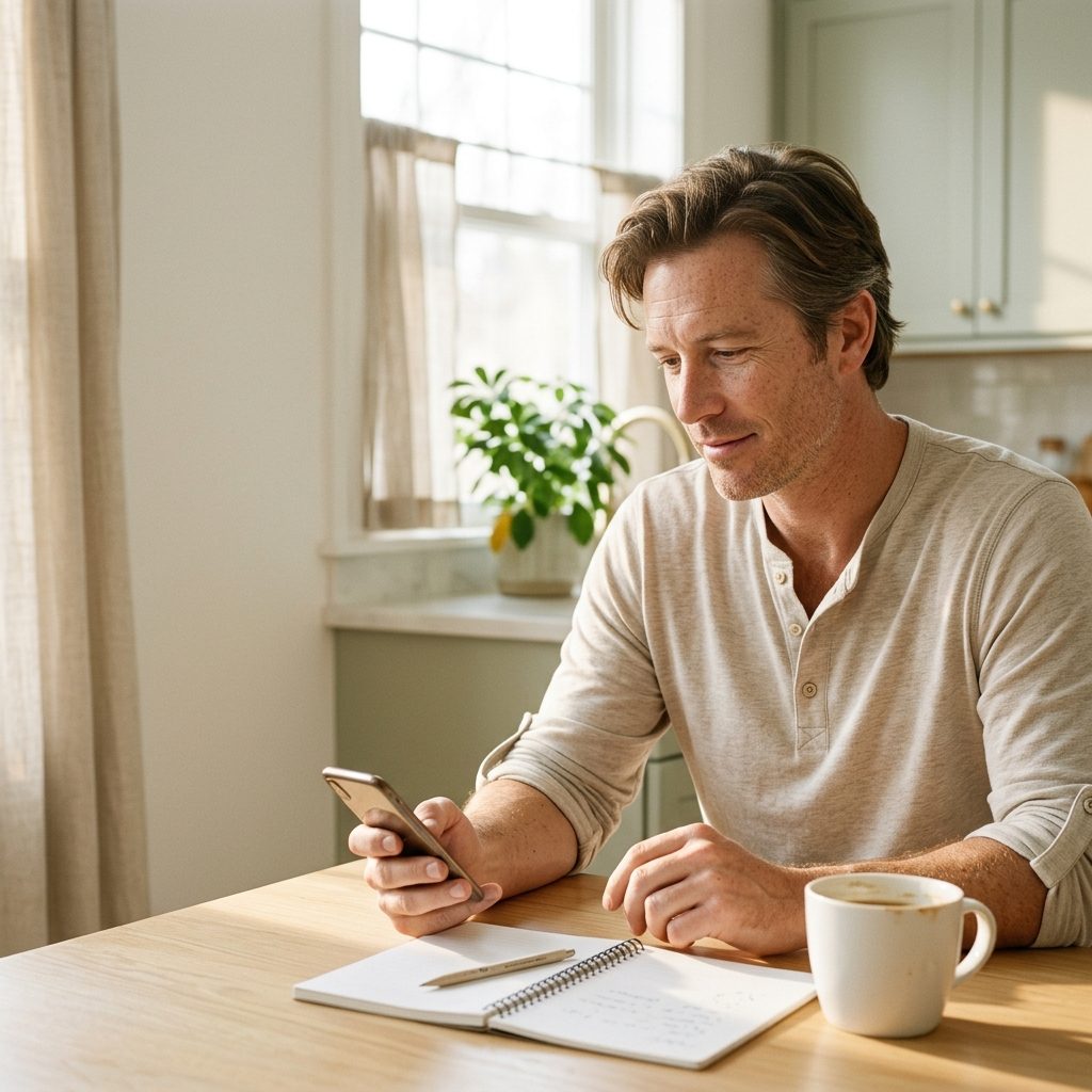 A man in his 40s with his Enerra Milk Thistle capsules through the day: taking a capsule at breakfast, at a backyard barbecue with friends, working at his laptop, and smiling while holding the bottle.