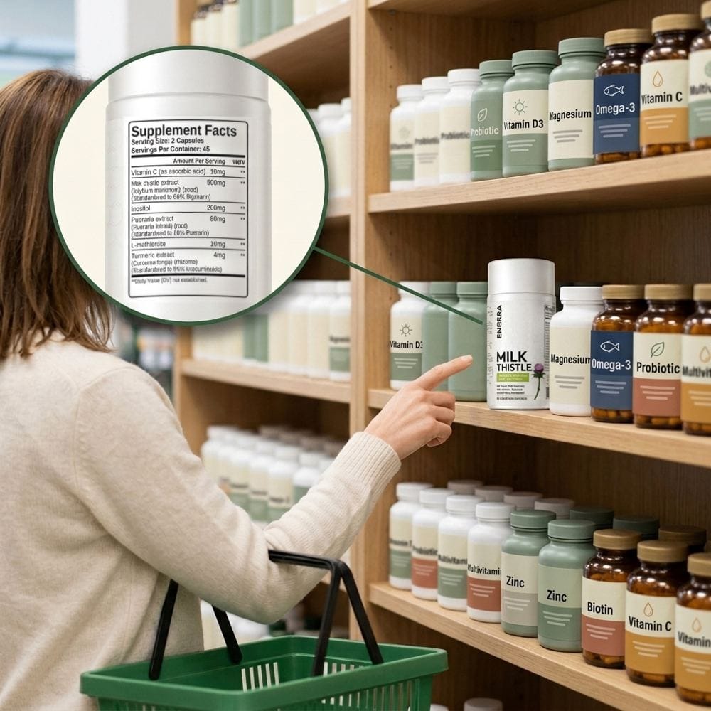 A shopper in a supplement aisle pointing at the Enerra Milk Thistle bottle, with a magnified view of its Supplement Facts label.