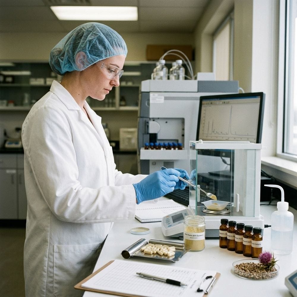 A lab technician in gloves and a hairnet weighing milk thistle extract on an analytical balance, with testing equipment behind her.