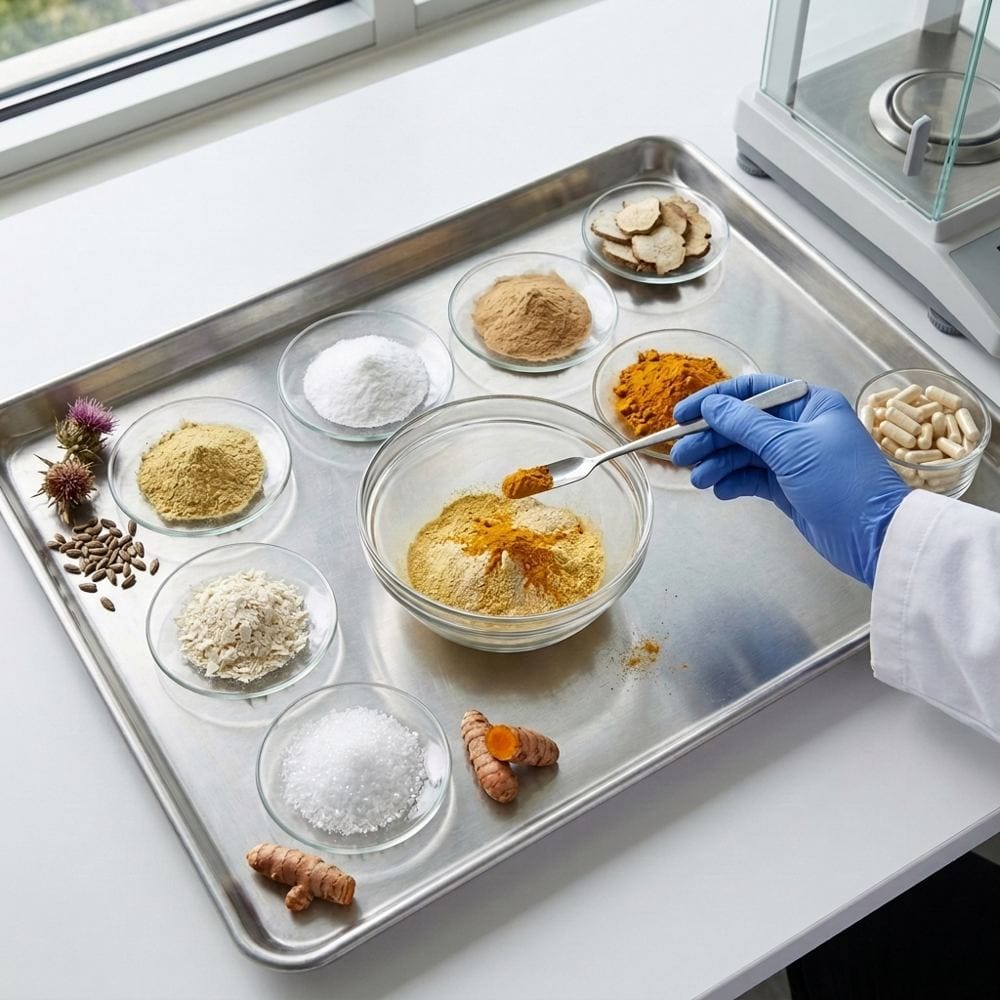 A gloved hand combining the formula's ingredient powders on a stainless steel lab tray, with milk thistle, pueraria and turmeric beside them.